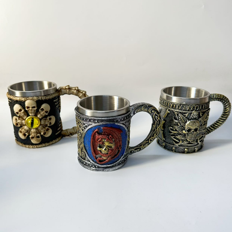 Caneca Caveira Viking Medieval Crânios Resina Aço Inox Festa Decoração New