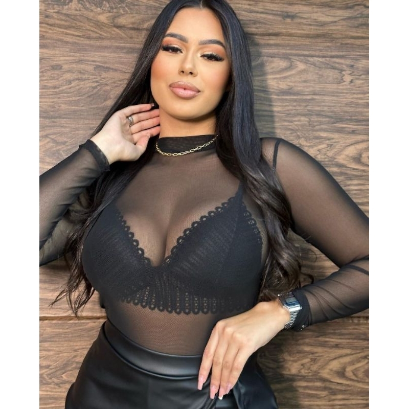 Body básico de tule de manga longa, gola redonda ASPE76