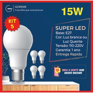 Kit 5 Lâmpada Led Bulbo 15w Branco Frio 6.500K (Luz Branca)  |  Bivolt E27 em Oferta na Shopee