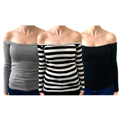 Kit 3 blusas manga longa ombro a ombro 96% algodão 4% elastano