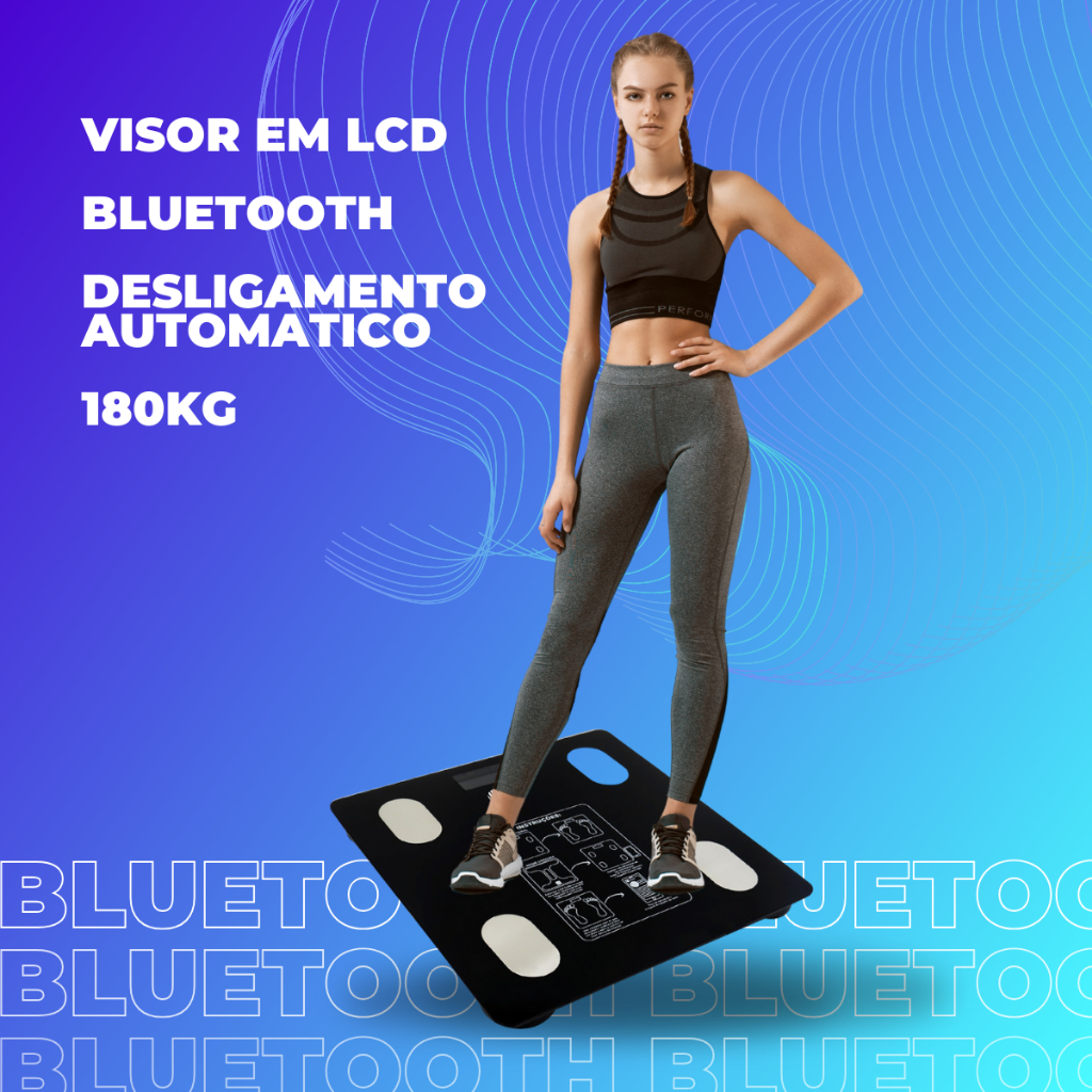 Balança Digital Corporal Bioimpedância Medição Gordura Corporal Massa Magra Porcentagem IMC Percentual de Agua Nutre Dieta Índice de Massa Corporal Fitness Bluetooth Blutuf Profissional Alta Precisão Aplicativo 180KG