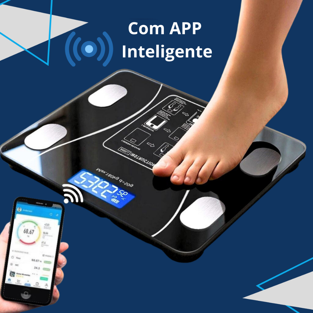 Balança Digital Corporal Bioimpedância Medição Gordura Corporal Massa Magra Porcentagem IMC Percentual de Agua Nutre Dieta Índice de Massa Corporal Fitness Bluetooth Blutuf Profissional Alta Precisão Aplicativo 180KG