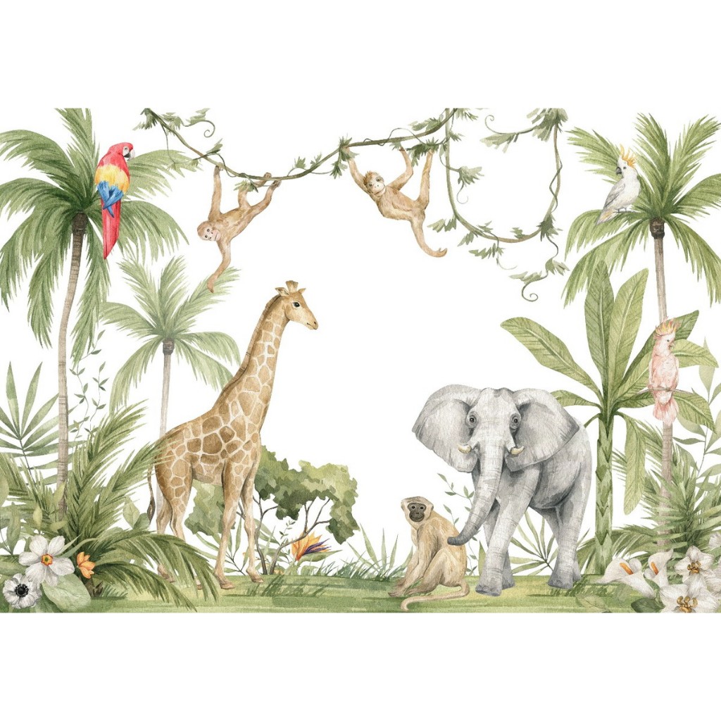 Papel de Parede Coleção Safari Aquarela Girafa & Elefante 2,80m Altura por 3m Largura
