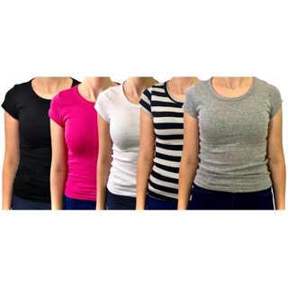 Kit 5 blusas baby look coloridas 96% algodão 4% elastano.