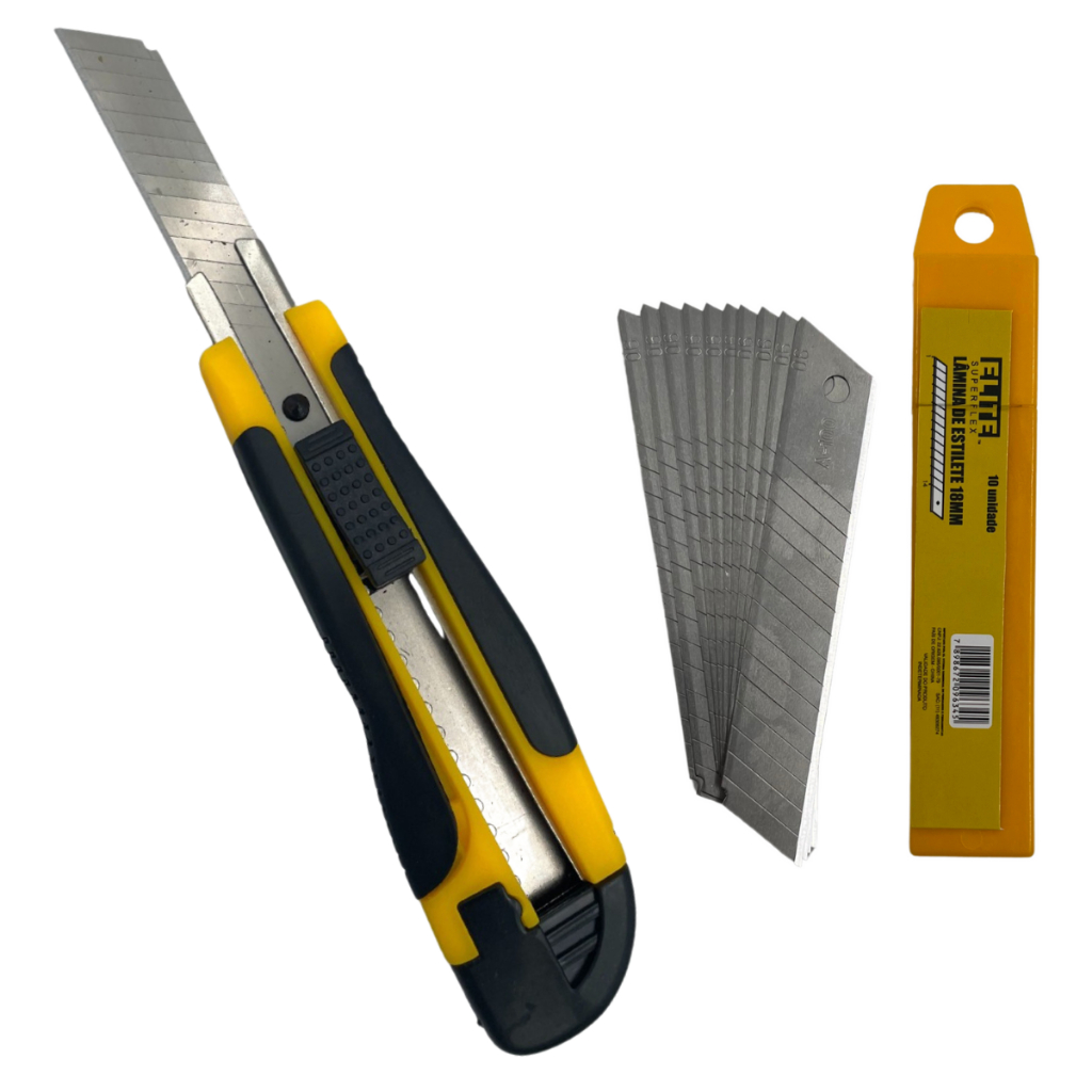 Estilete Profissional 18mm Cabo Emborrachado E Com Trava Manual + Estojo Com 10 Lâminas De 18mm