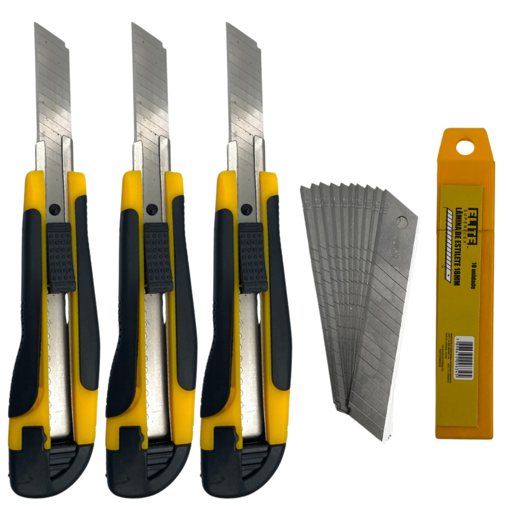 3 Estilete Emborrachado Com Trava e cabo emborrachado + 10 unidades de lâmina 18mm com Espessura de 0.5mm