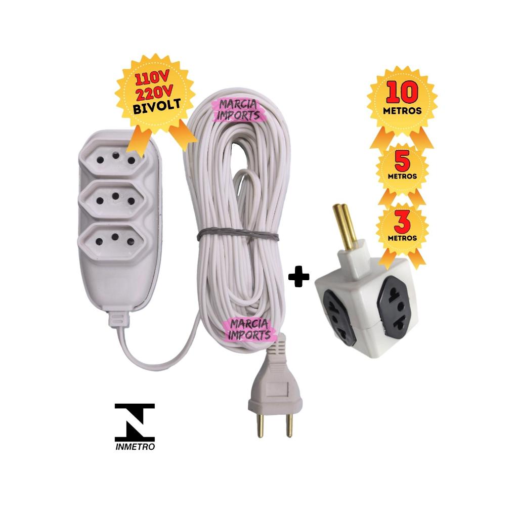 Extensão elétrica 10,5,3 E 2 METROS BRANCA Estensão de Energia 3 Tomadas bivolt Adaptador Cubo Envio em ate 24h em Oferta na Shopee