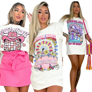 Blusa T-shirt Feminina 100% Algodão Estampada Manga Curta Gola Redonda