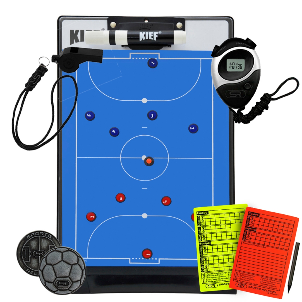Prancheta Tática Magnética Futsal + Cartão + Cronometro + Apito com Cordão + Moeda