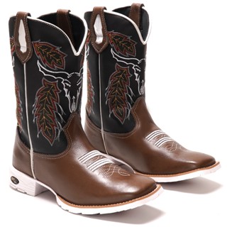 Texana Masculina Sola Branca Bico Quadrado Cano Medio Bordado Touro Cowboy Cavalgada Pecuaria