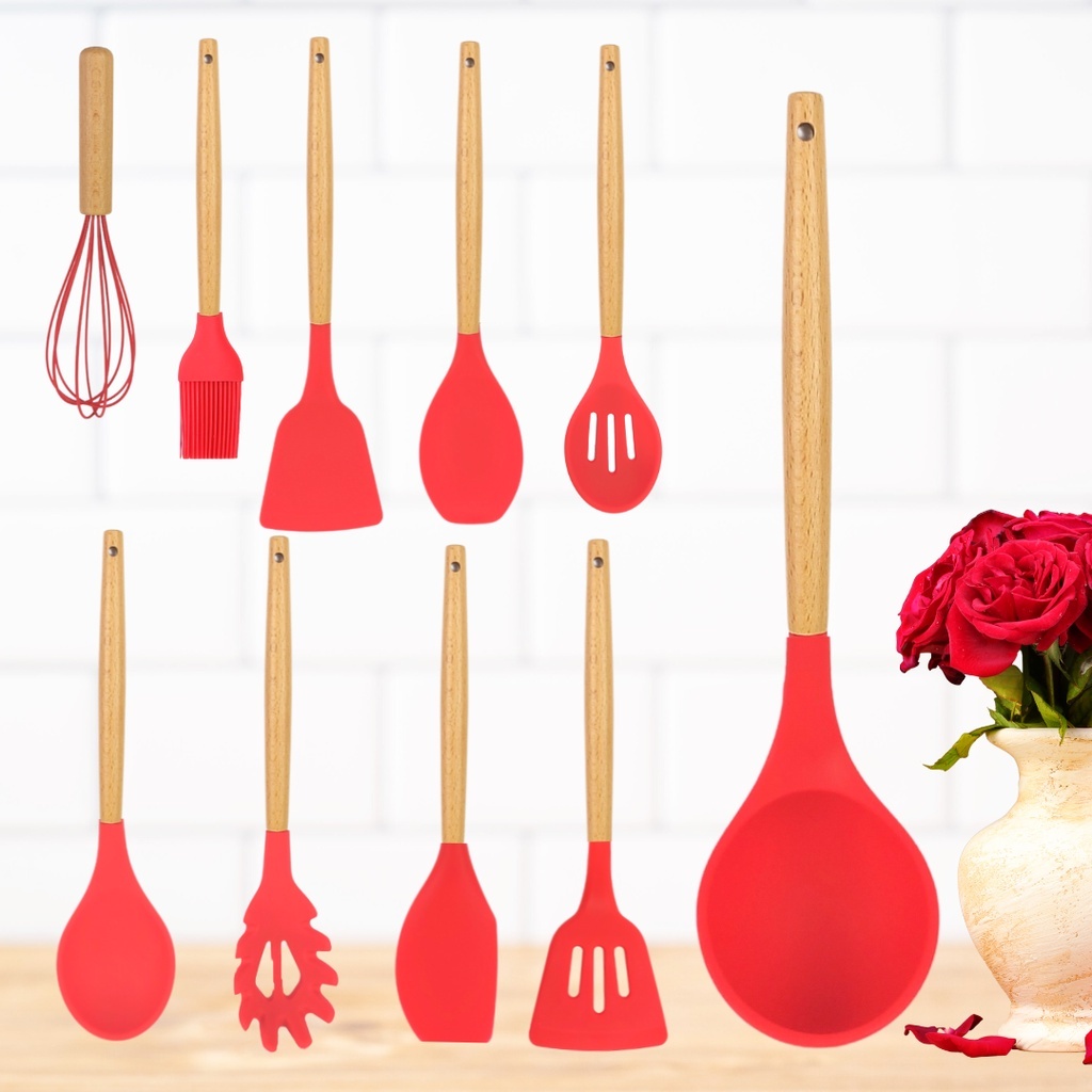 Utensílio Silicone com Cabo de Madeira Concha Colher Pegador Espátula Pá Pão Duro Pincel Cor Vermelha MIMI