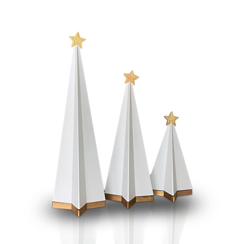 Kit 3 Árvores Natal Branco com Dourado Decoração da Casa Escritório Festa ou Presente Final de Ano