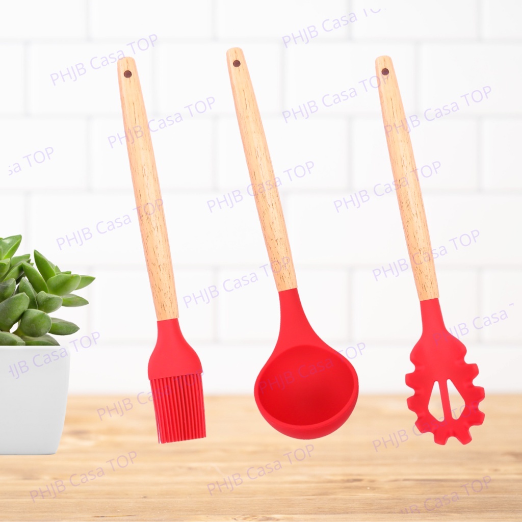 Utensílio Culinário de Silicone com Cabo de Madeira Concha Pegador Pincel Colher Pão Duro Cor Vermelha MIMI