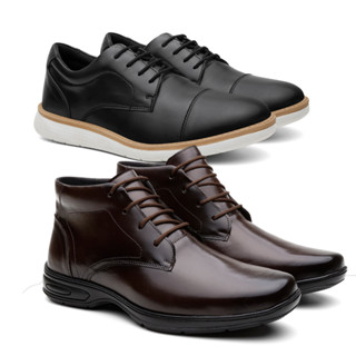 Sapato Social Masculino Oxford Couro Confort + Bota Cano Médio Antistress Costurado Ajuste Cadarço