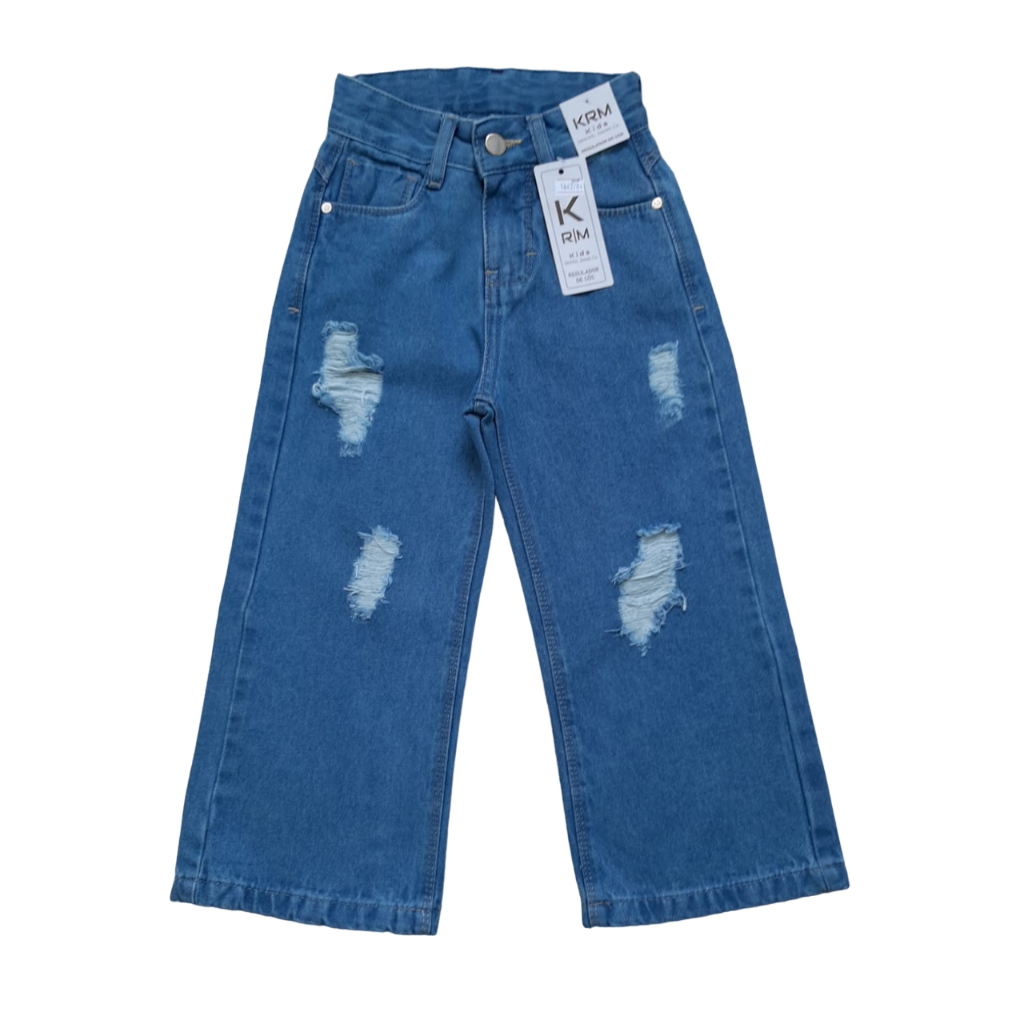 Calça Jeans Pantalona Wide Leg Infantil Meninas rasgo tam 4 6 8 (1642)