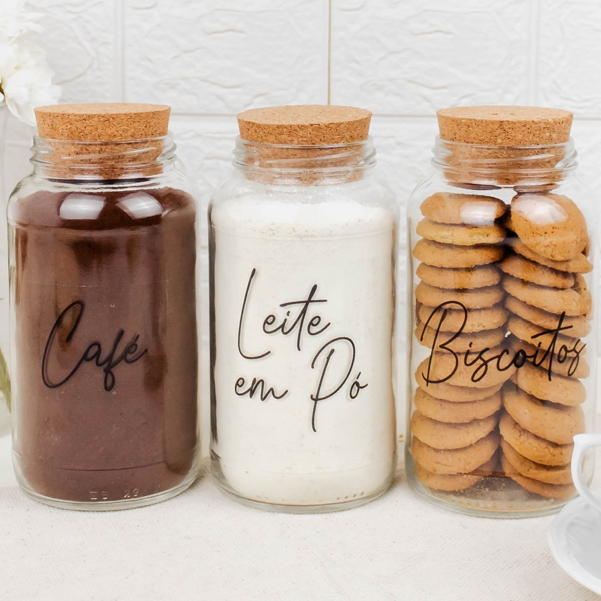 Kit Cantinho do Café - Café, Leite em Pó e Biscoitos | 3 potes de Vidro 810ml com Tampa Ro...