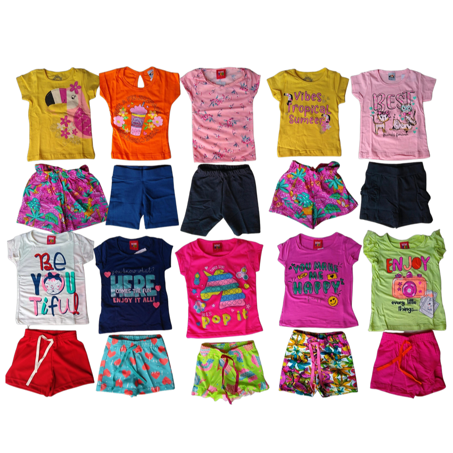 Kit Sortido 10 Peças de Roupas Infantil Menina - 5 Camisetas + 5 Bermudas - Promoção - Kit com 5 Conjuntos de Roupa Infantil Menina