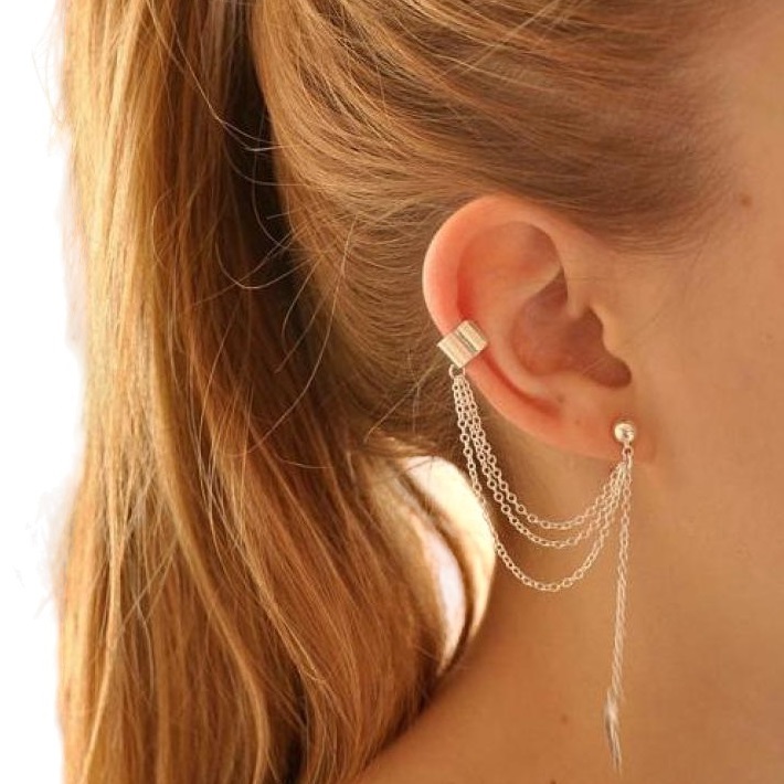 Brinco Feminino Prata Com Piercing De Pressão Ear Cuff