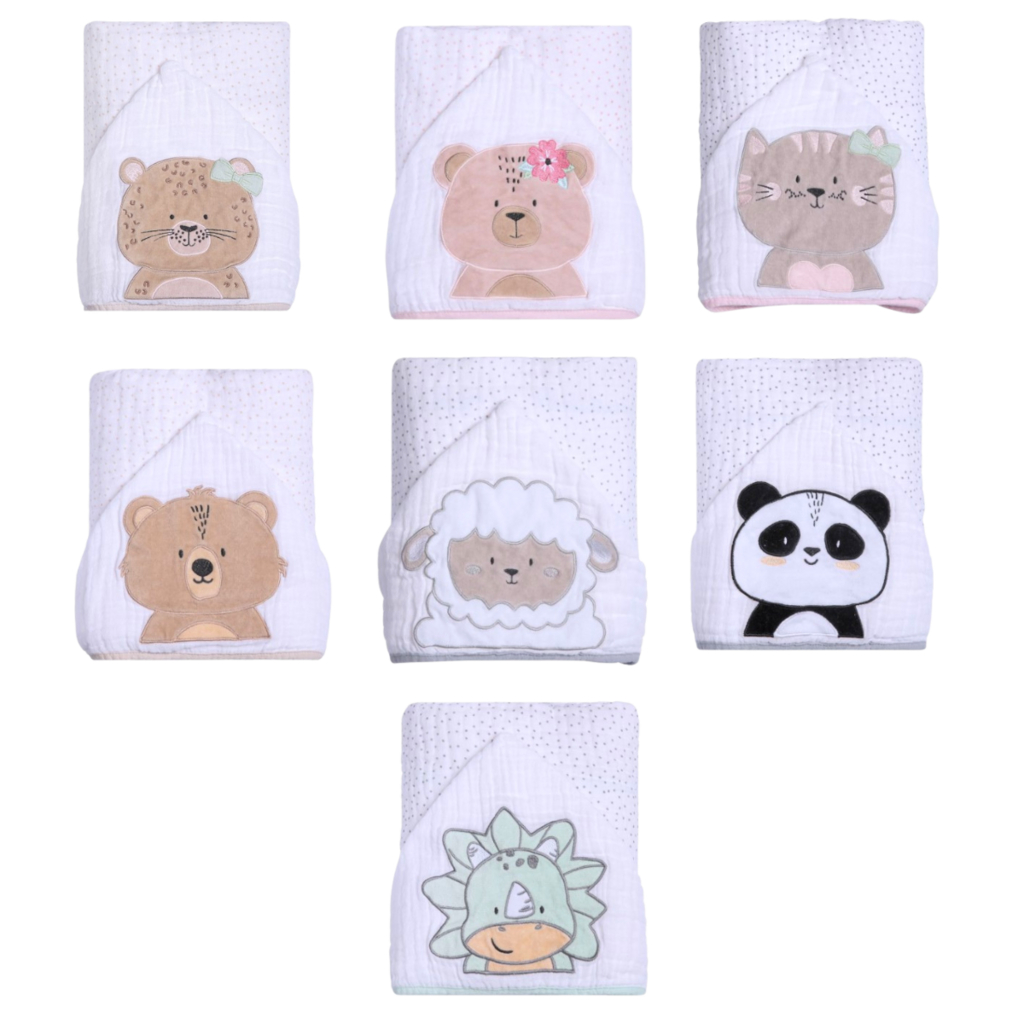 Toalha Fralda Bebê Papi Friends Soft Com Capuz Bichinhos Três Camadas