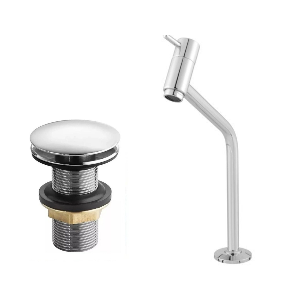 Kit de Banheiro em Metal- Torneira Bancada Link Banheiro Alta Cuba Lavabo Lavatório-Ralo Valvula click Cromada