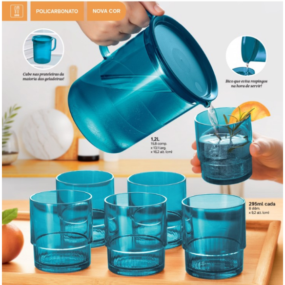 KIT 7 PEÇAS JARRA PREMIER 1.2L + 6 COPOS PREMIER 295ML TURMALINA EM POLICARBONATO - TUPPERWARE