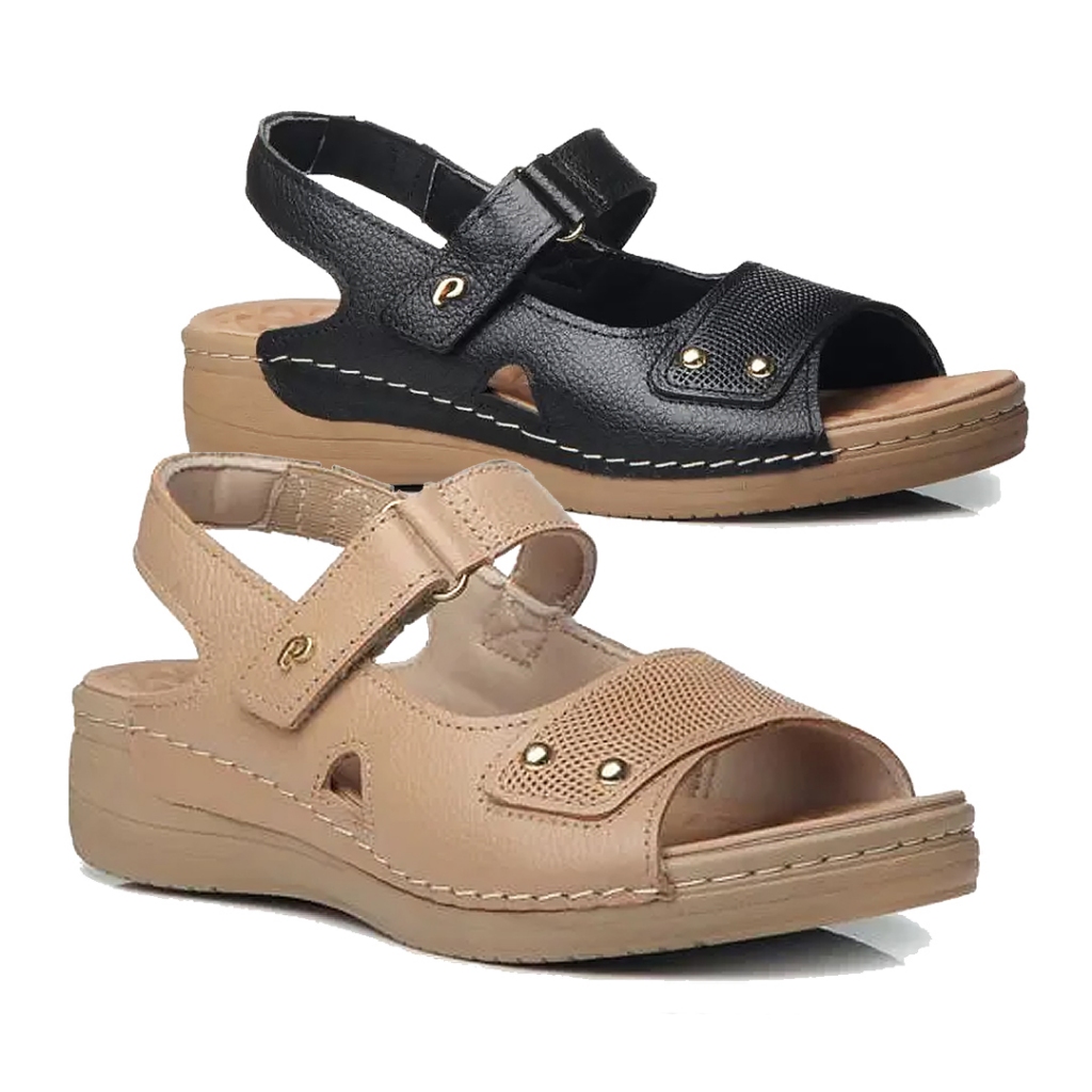 Sandalia Ergometrica Feminina Couro Anabela Blaqueada Pegada 233801 - Women Shoes