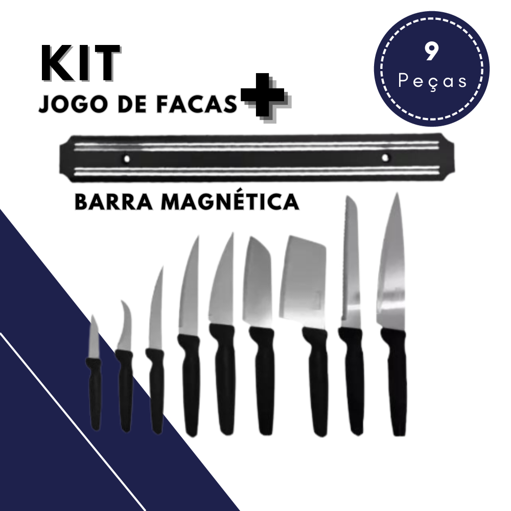 Kit Conjunto Jogo de Facas Inox 9 Peças Com Suporte Barra Magnética Faca de Churrasco Faca Sushi Faca de Pão Faca Chef De Cozinha