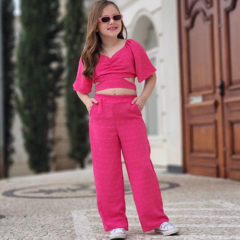 Conjunto duna moda infantil calça e cropped moda feminina infantil para meninas blogueirinha 2023 roupa de criança