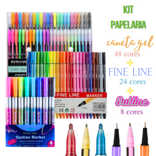 kit Papelaria 48 Canetas Colorgel + 24 Canetas Fineliner + 8 Canetas Outline em Oferta na Shopee