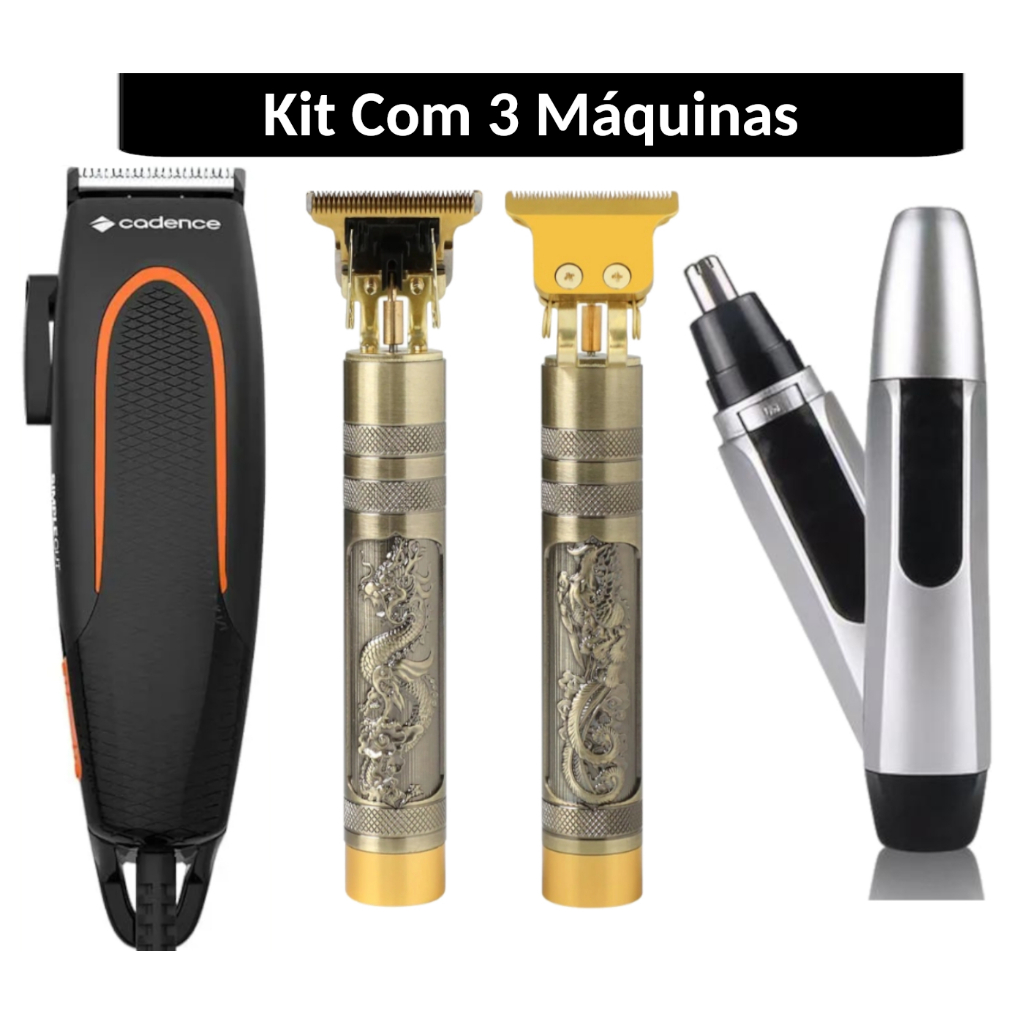 Kit Maquina de Cortar Cabelo Barba e Maquina Dragão Acabamento Retrô Profissional + Aparador Nasal