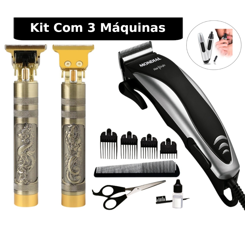 Kit Maquina de Cortar Cabelo E Barba + Maquina Dragão Acabamento Retrô Profissional + Aparador Nasal