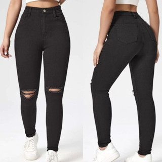 Calça Jeans Feminina Rasgada no Joelho Preta Skinny Cintura Alta com Lycra Levanta Bumbum