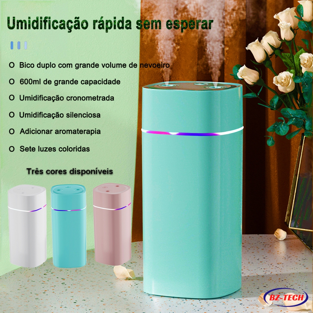 Umidificador Aromatizador Bico Duplo 600ml Difusor Ambiente Ultrassônico Purificador De Ar Com Led