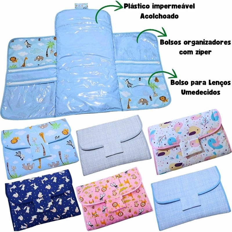 Trocador de Fraldas para Bebê Portátil - Bolsos com Zíper e Porta Lenços Umedecidos Bebe Fraldas Dobrável