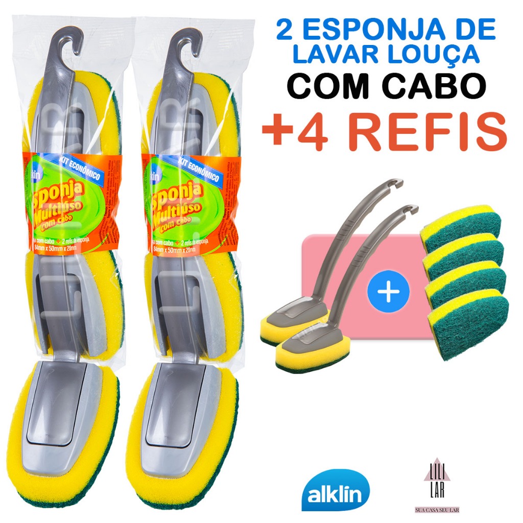 Kit 2 Esponja Bucha Multiuso Lavar Louça com Cabo +4 Refis