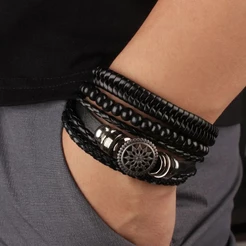 Kit com 4 Pulseiras Braceletes de couro PU Masculinas Linha Premium