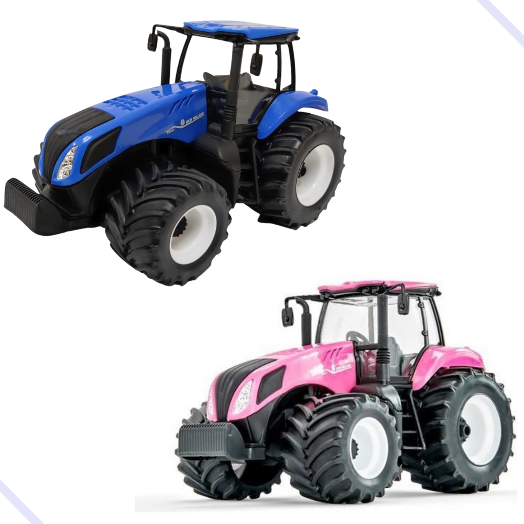 Kit Trator De Brinquedo Miniatura Coleção New Holland T8 Azul E Rosa