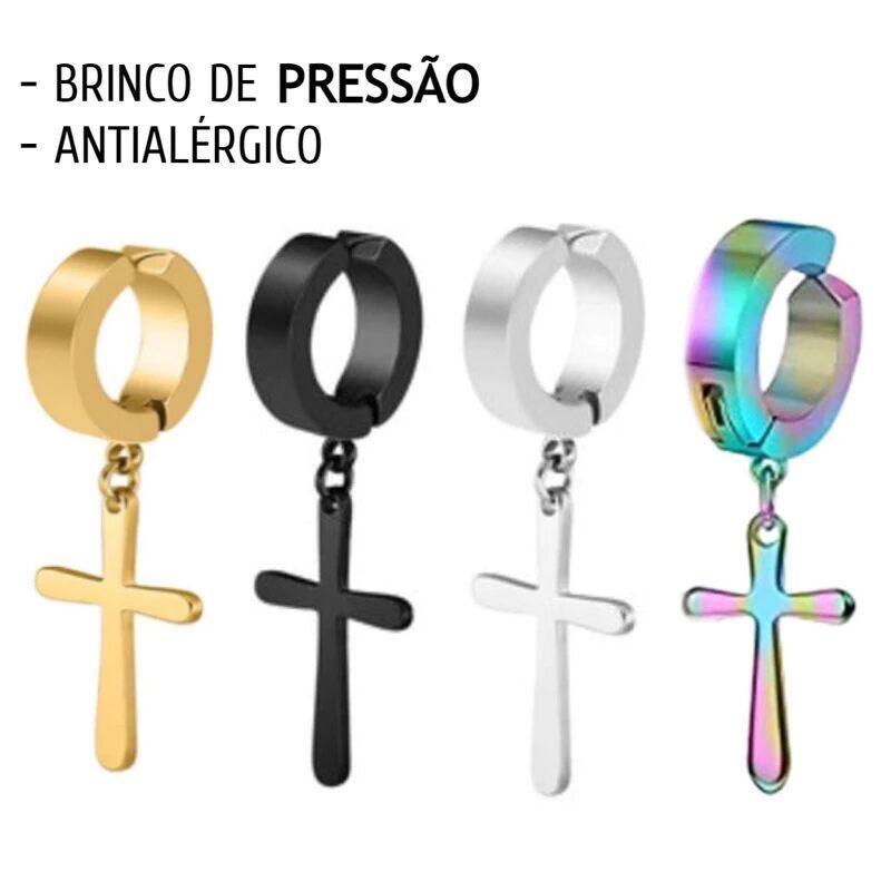Par Brinco argola de Pressão com cruz  Não Precisa Furo para masculinos Aço inox em Oferta na Shopee