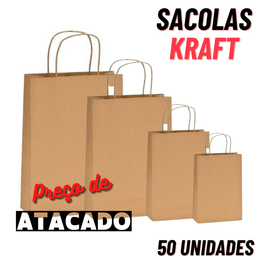 50 Sacolas Kraft  (PP), (P), (M) e (G) Sacolinha de Papel para Lojas, boutiques de moda, loja de roupas, presentes
