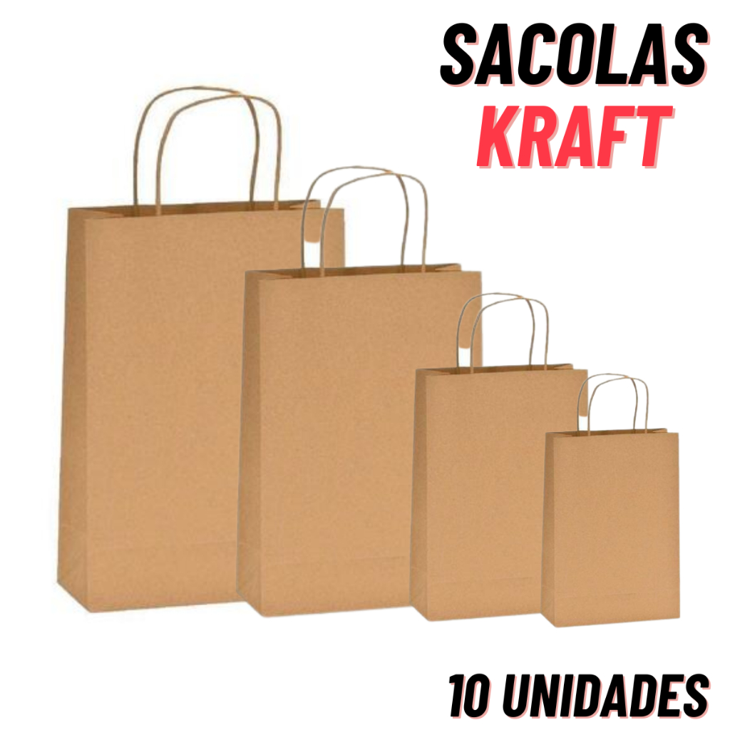 10 Sacolas Kraft  (PP), (P), (M) e (G) Sacolinha de Papel para Lojas, boutiques de moda, loja de roupas, presentes