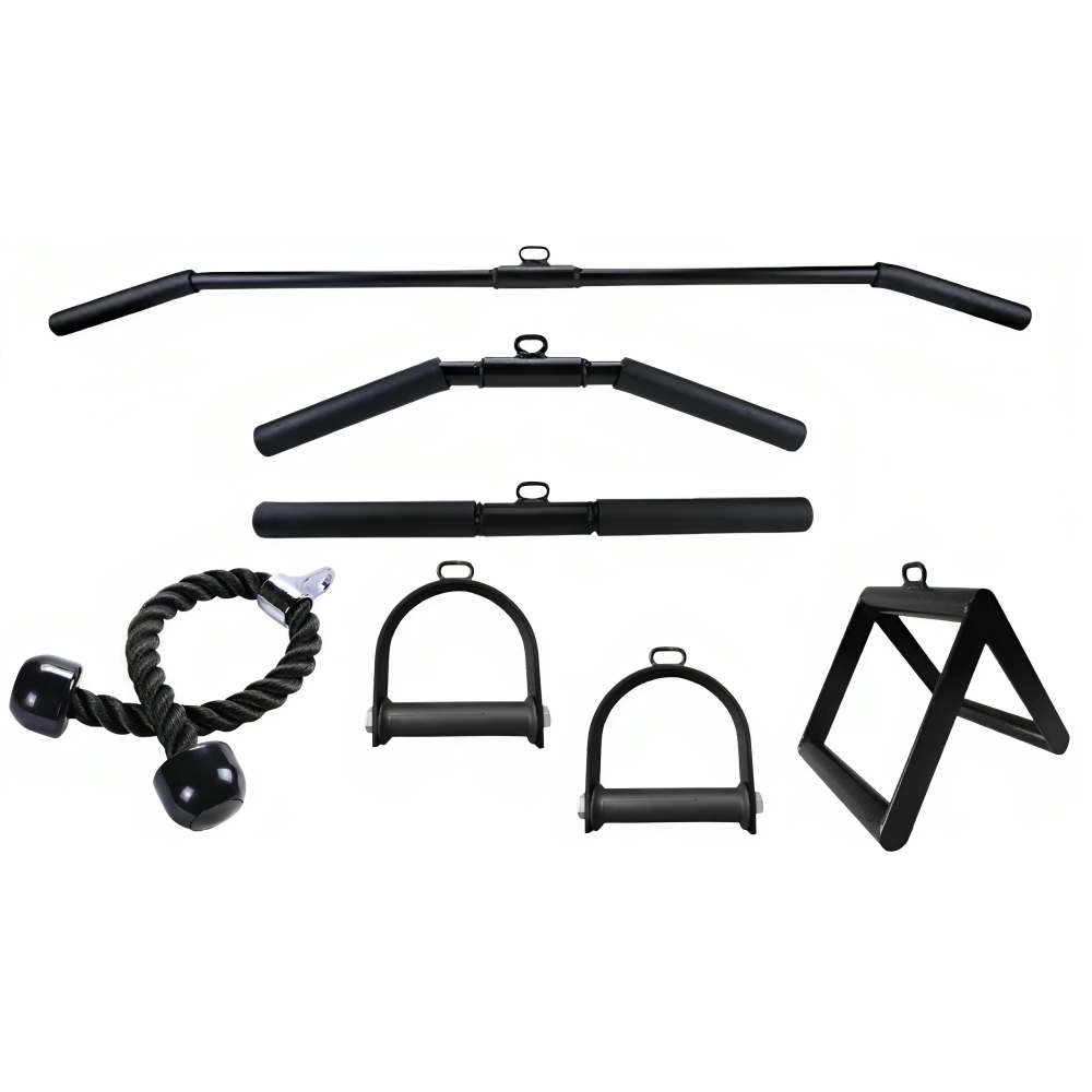 Kit 7 Puxadores Pulley Reto Curvo Costas Corda Tríceps Triangulo Estribos Musculação Academia Barras