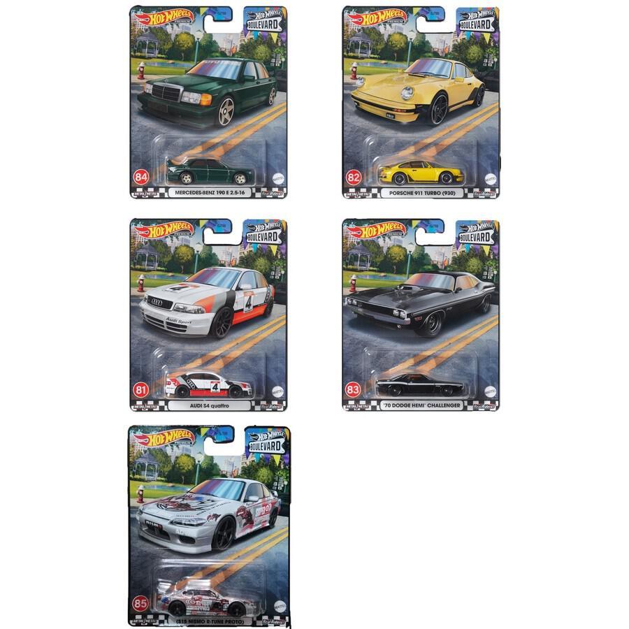 Hot Wheels Boulevard 2023 (Mercedes-Benz 190 E 2,5-16 , Porsche 911 Turbo (930) , Audi S4 quattro , 70 Dodge Hemi Challenger , S15 Nismo R-Tune Proto) 1 : 64 Diecast Carro Modelo Escala