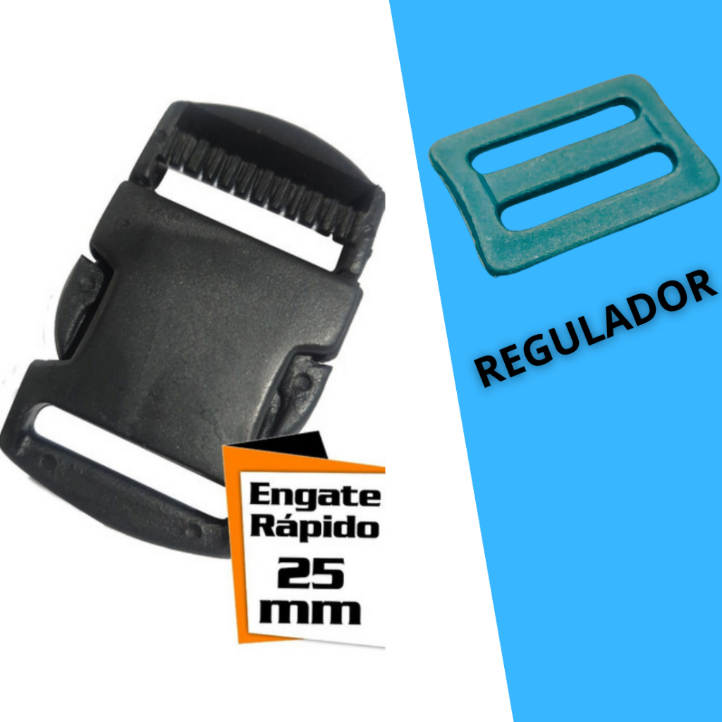 Fecho Engate Rapido 25mm Plástico Para Bolsas Mochilas Polchete Coleiras + Regulador (Kit 3 Peças)