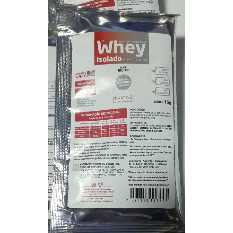 Whey Isolado sachê C/15G Sabor Neutro - Divinite (Kit de 15 Sachês de 15g)