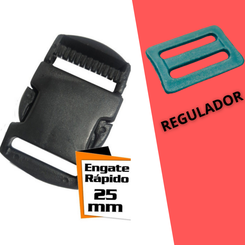 Fecho Engate Rápido 25mm + Regulador Para Mochila Bolsa Coleira Polchete Cráchas | Kit 20 Unidades em Oferta na Shopee