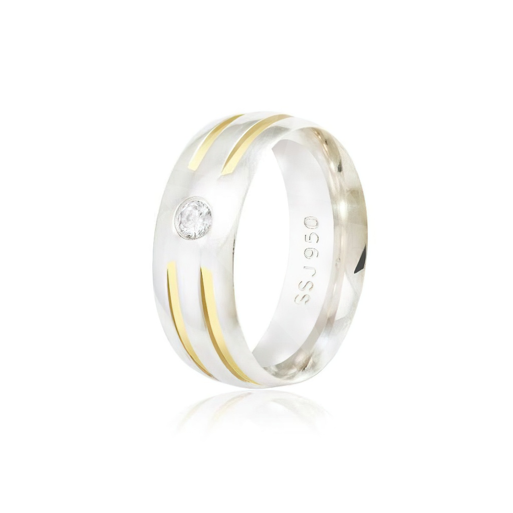 Aliança Prata 950 Anatômica 8mm Com Fios De Ouro 18k Casamento Namoro Unissex