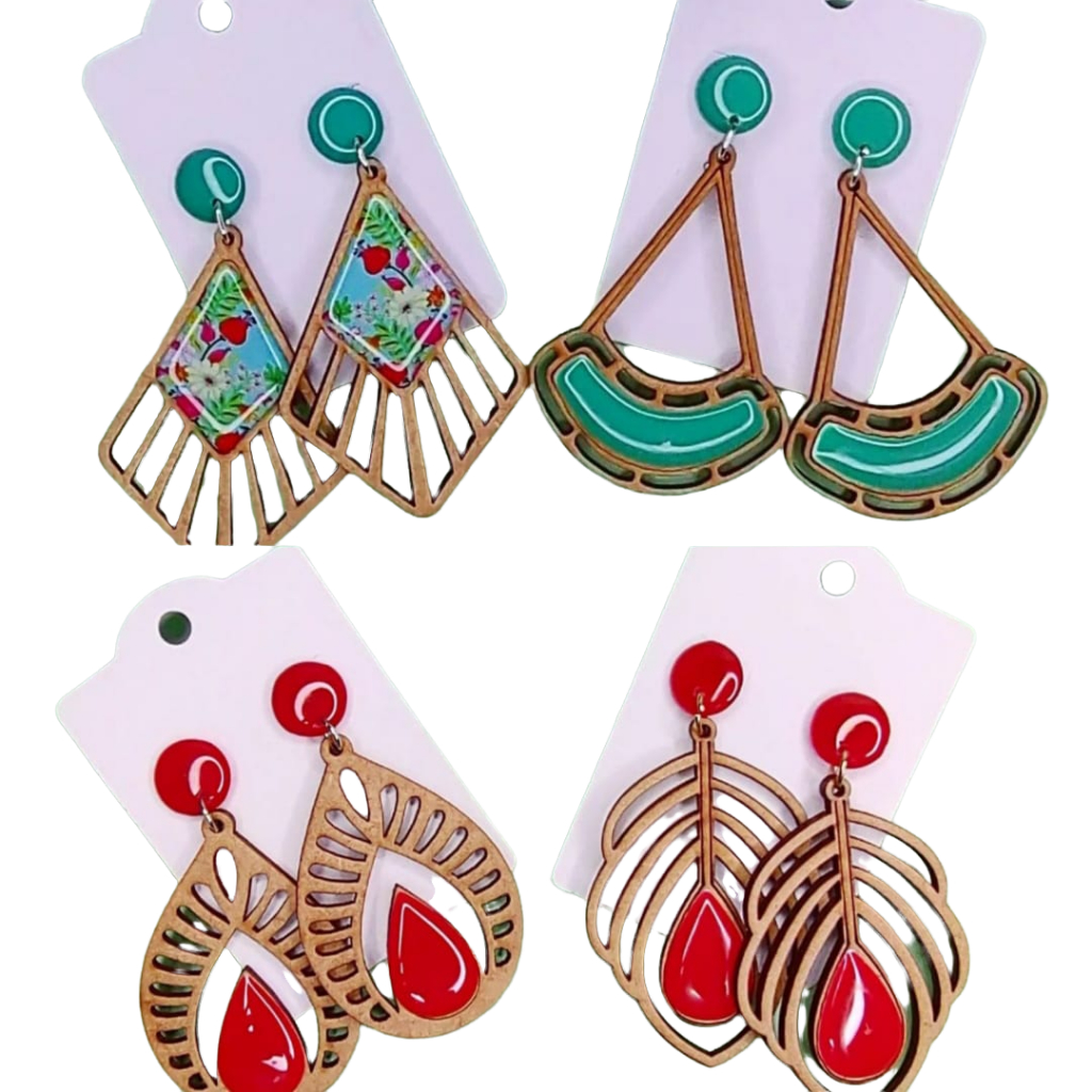 Kit 15 Pares Brincos Resina em Madeira Mdf Grande Sortidos, Femininos atacado revenda. em Oferta na Shopee