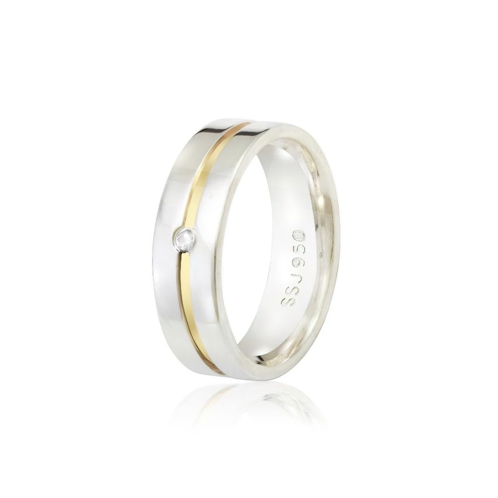 Aliança Anatomica Reta Prata 950 6mm Fios Ouro 18k Central Pedra Zirconia Unissex