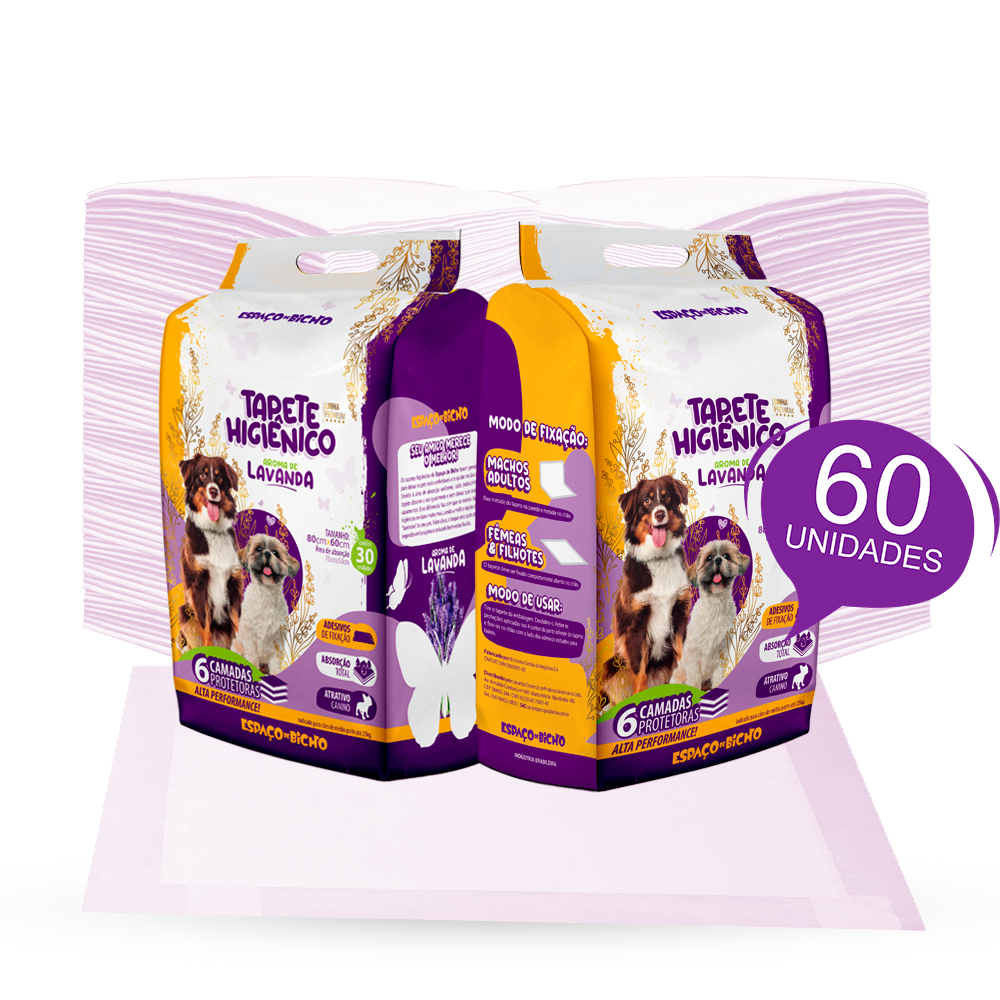 Kit Tapete Higiênico Ultra Espaço De Bicho 60unid 80x60cm Aroma Lavanda