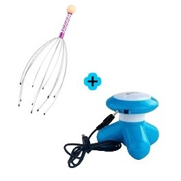 Kit de 1 Mini Massageador Portátil Corporal para Relaxamento Tensão Elétrico USB e Pilha Mimo + 1 de Massageador de Cabeça 12 Hastes Terapia Zen Relaxamento